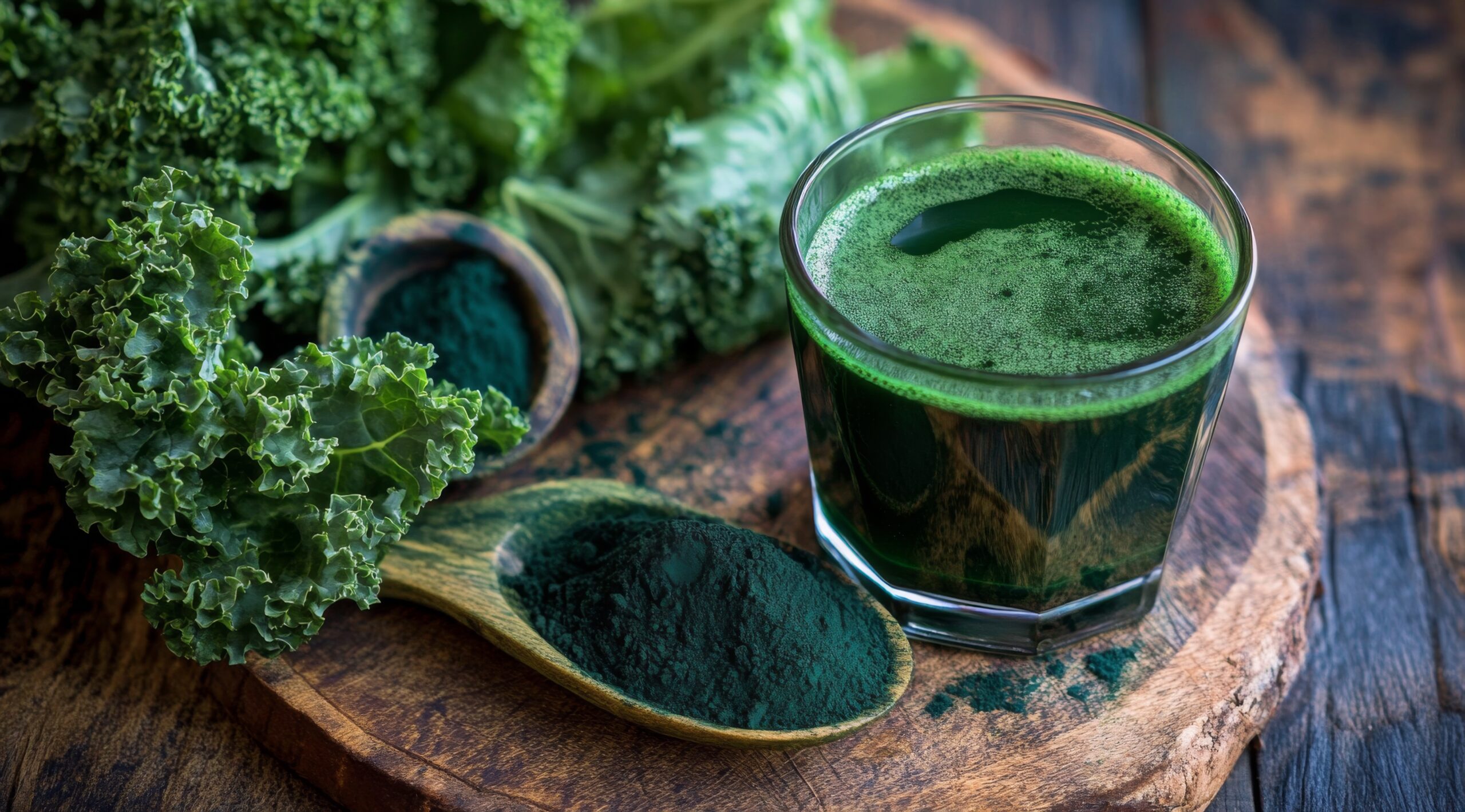 fresh green smoothie served in a glass with kale and spirulina on a wooden table